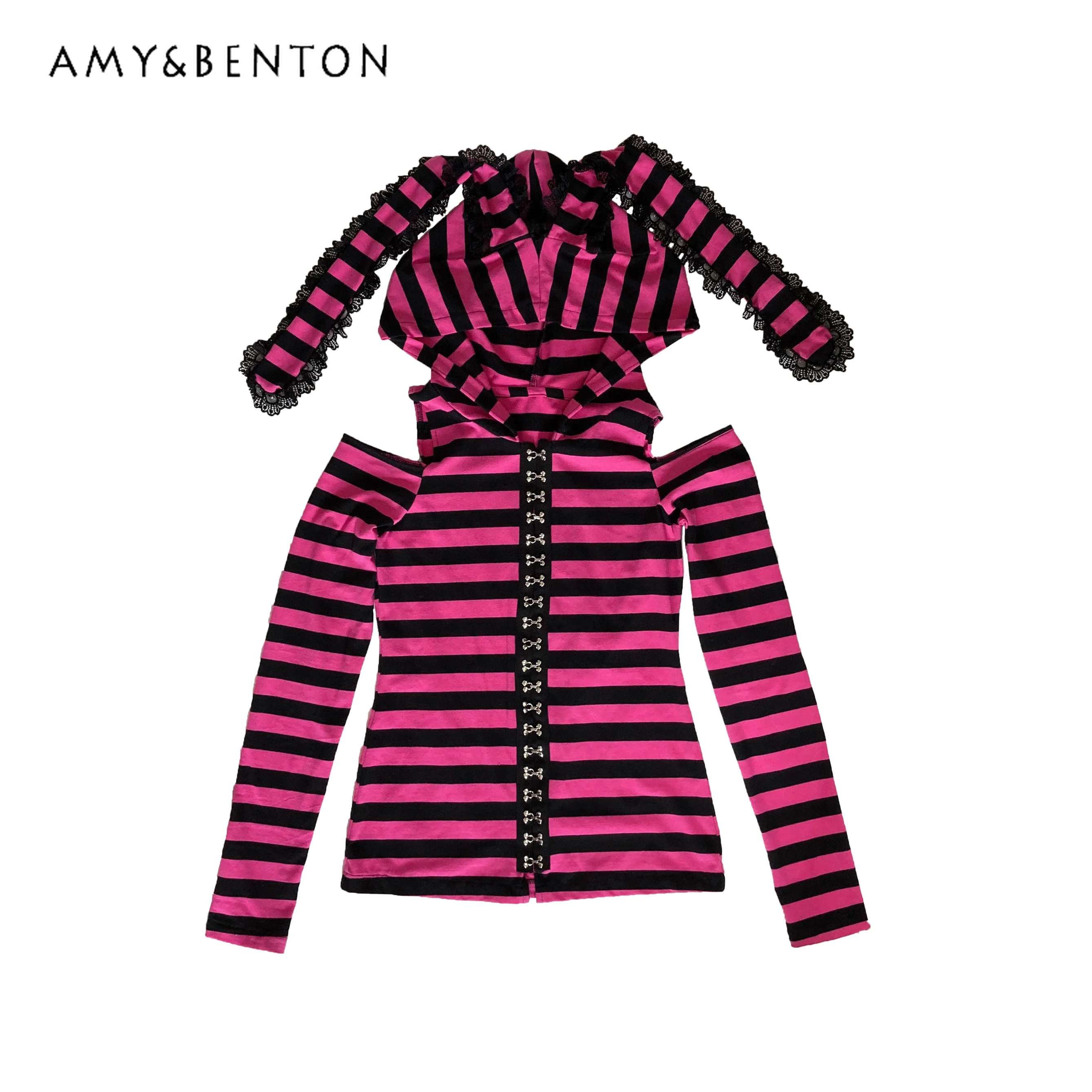 

Autumn New Harajuku Lace Rabbit Ears Pink Black Striped Hoodedies Y2K Off-Shoulder Slim Top Japanese Sweet Sweatshirts for Women