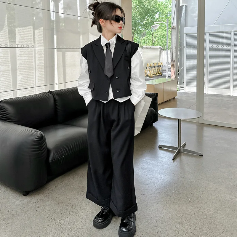 Girls Clothing Set 2025 Spring Autumn Blazer Suits for Teen Girl Children Clothes Kids Vest Wide Leg Pants 2pcs Outfits 5-14 Yrs - 4