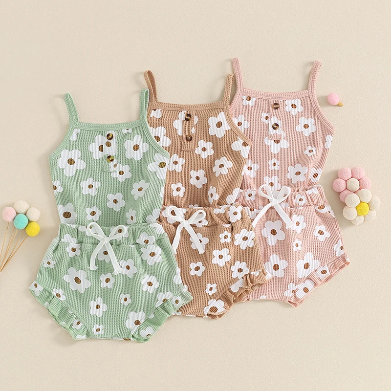 

2024-03-19 Lioraitiin Summer Baby Girls Shorts Outfits Floral Print Sleeveless Romper with Ruffled Short Pants 2 Pcs Set