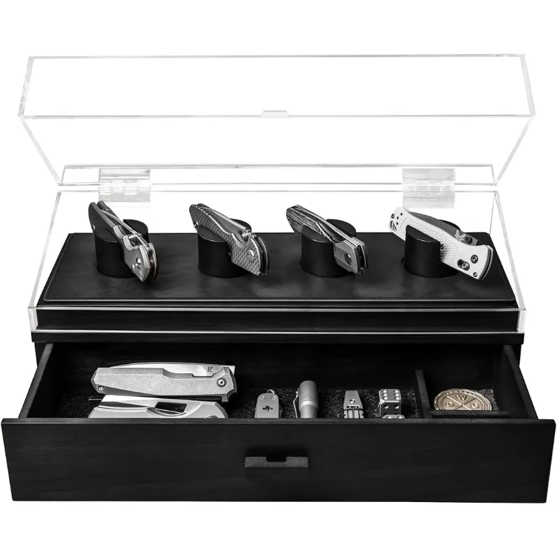 

Premium Pocket Knife Display Case for 6 Knives–Easy Access & Leather Lining –Drawer for Accessories – Wooden Pocket Knife Holder
