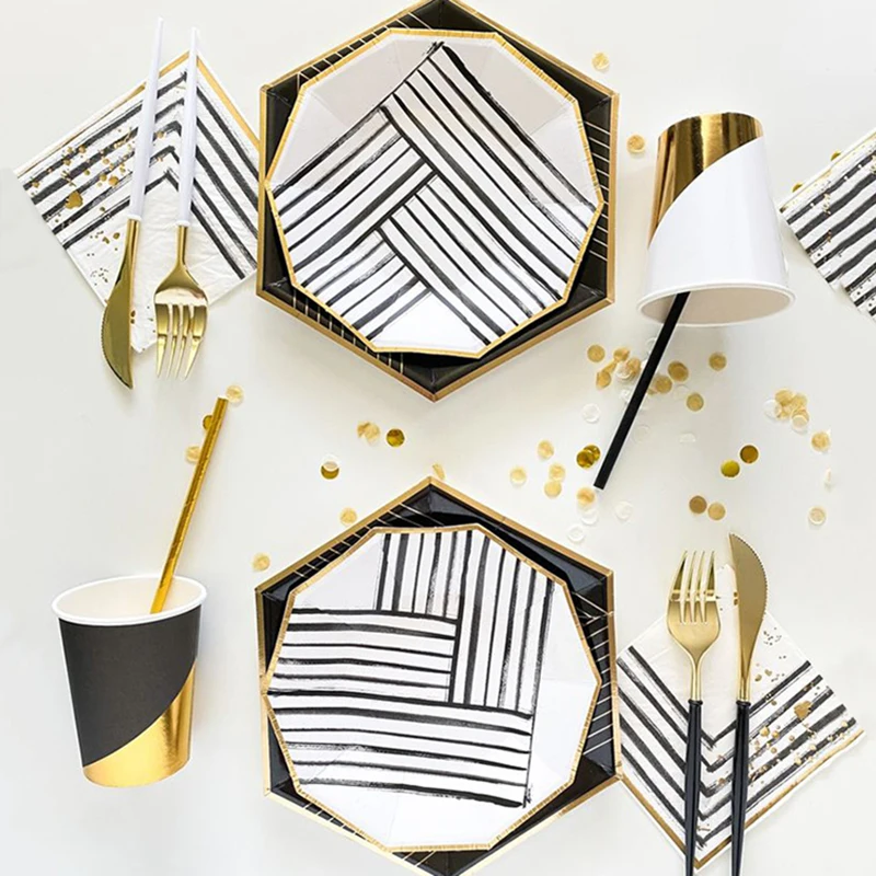 Black Gold Foil Disposable Tableware Party Paper Plates Napkins Cups Kids Birthday Baby Shower Party Wedding Decoration Supplies