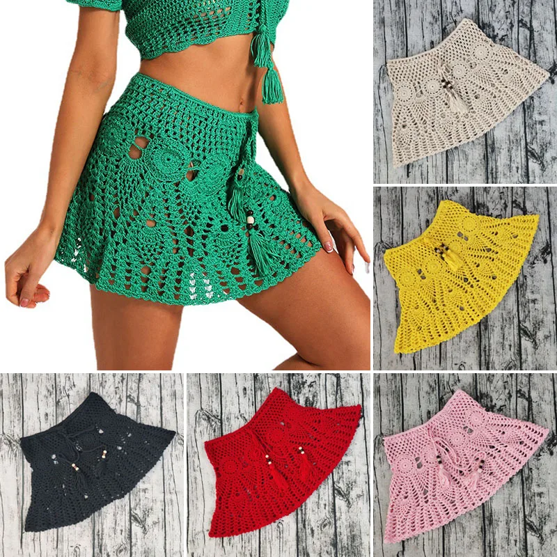 

Cross-Border New Women'S Solid Color Hand-Crochet Hollow Beach Skirt Cover Skirt Casual Ethnic Style Multi-Color Option