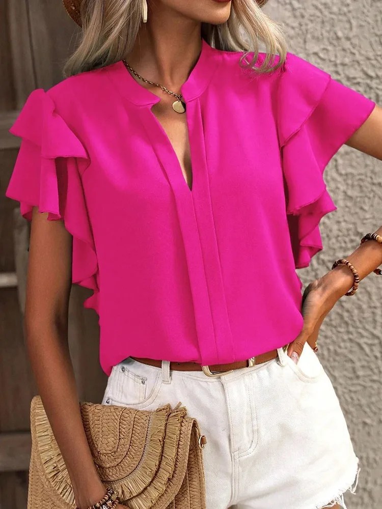 Women\'s Shirt Summer Fashion V-neck Ruffle Short Sleeved Pullover New Office Lady Casual Blouse Women Tops Boho Female Clothing