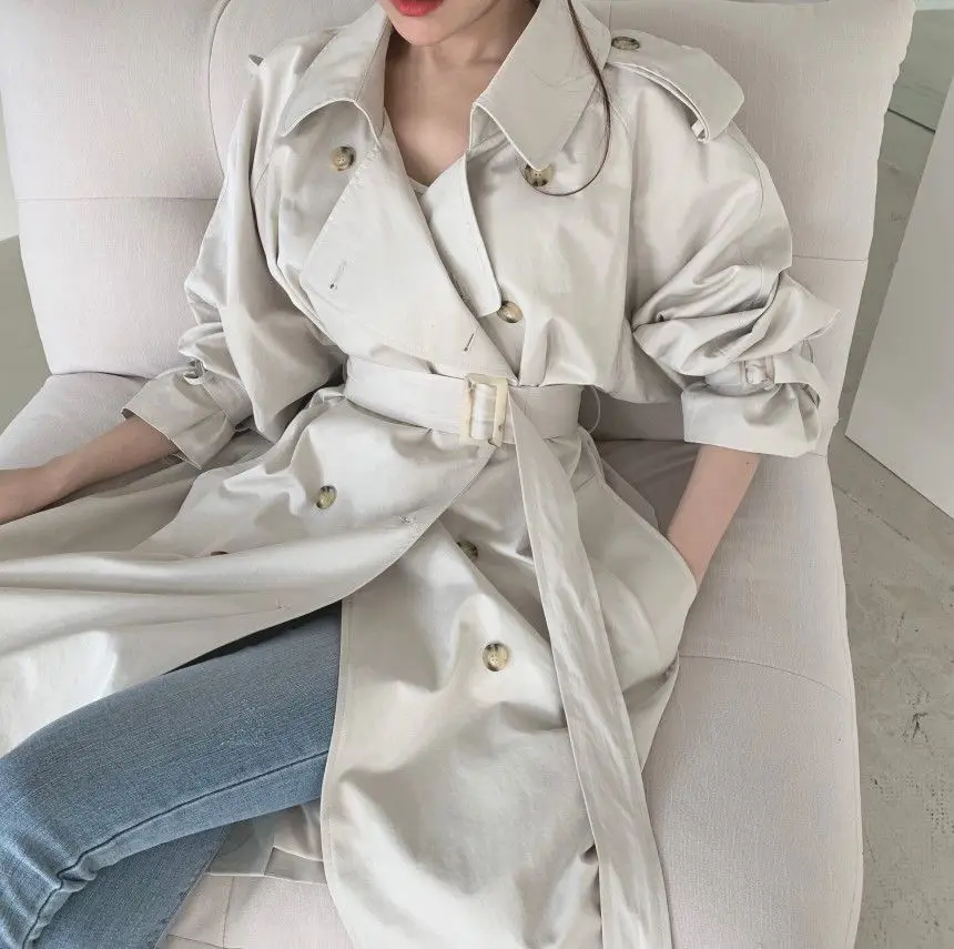 Women Long Trench Coat New Spring Autumn Casual Lapel Double Breasted with Belt Loose Coat Office Lady Korean Fashion Outerwear