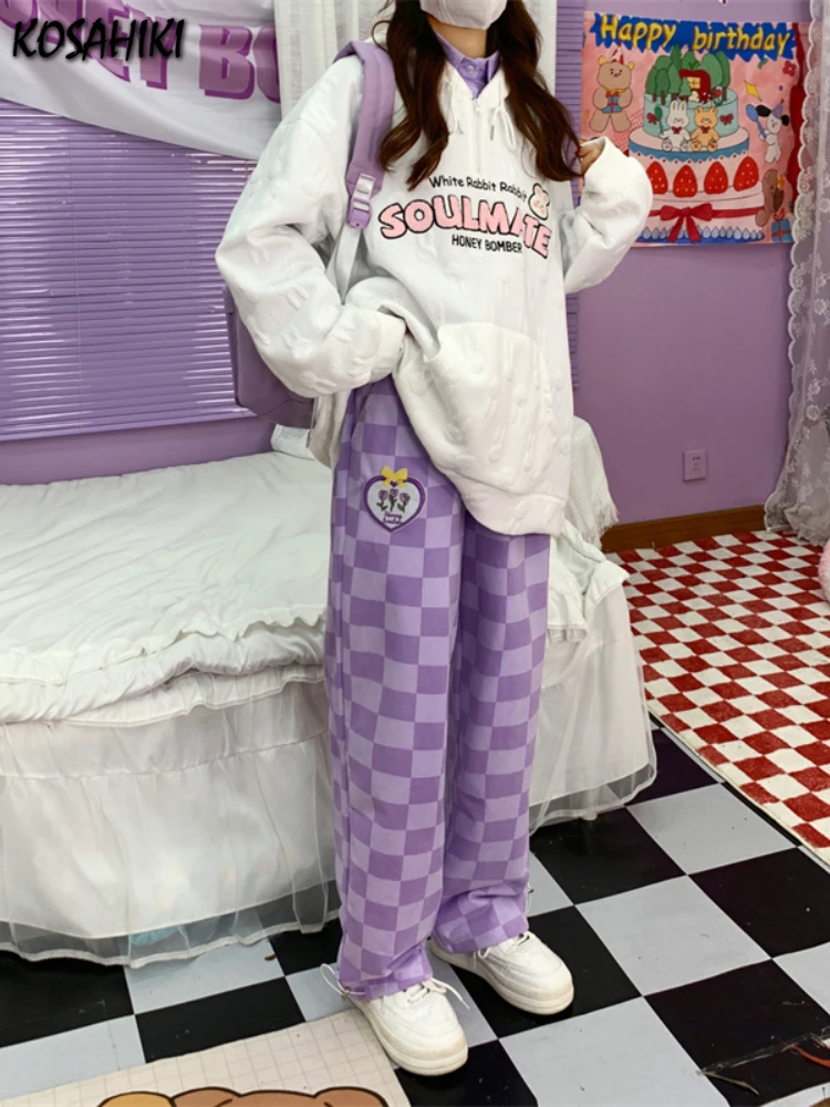 cargo trousers KOSAHIKI Y2K Fashion Khaki Wide Leg Purple Checkerboard Pants Hip Hop Style Loose Embroidery Pant Streetwear 90s Harajuku Pants white capri pants