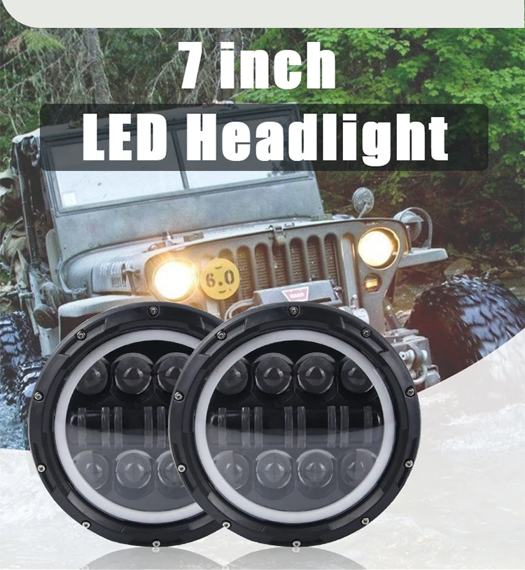 

7 inch Led Headlight Hi/Low H4 Light Halo Angle Eyes DRL Headlamp For Jeep Wrangler OffRoad 4x4 suzuki samurai Lada Niva Urban