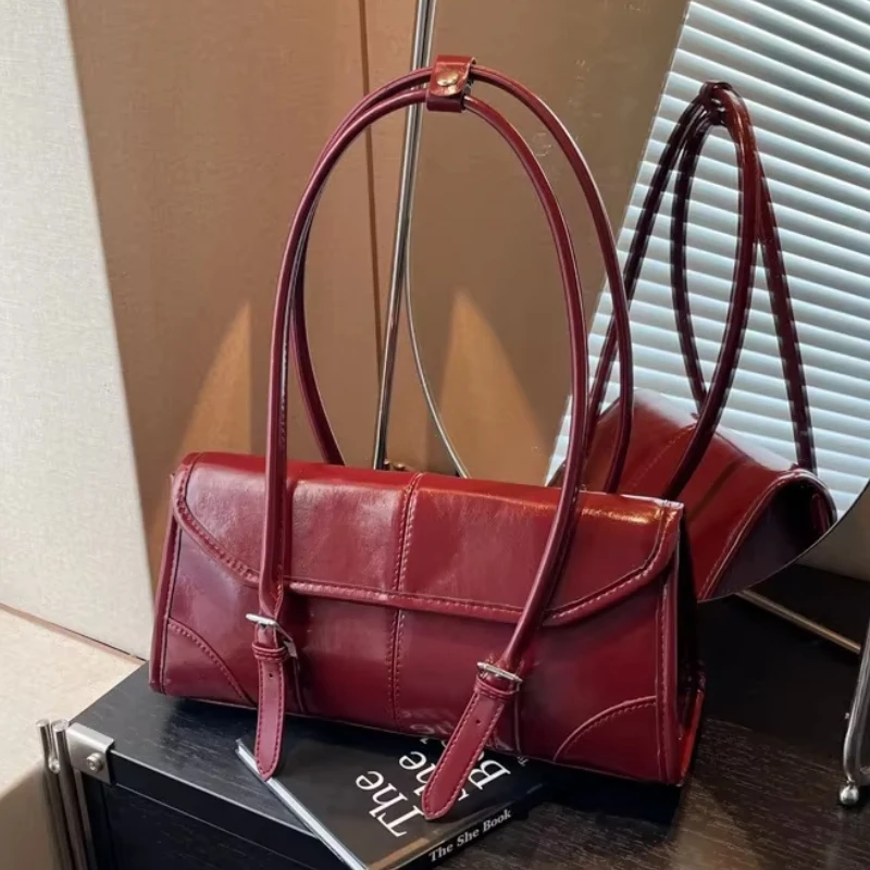 PU Leather Shoulder Bags For Women Retro Burgundy Underarm Bag Pure Color Big Capacity Shopping Totes Luxury Designer Handbags