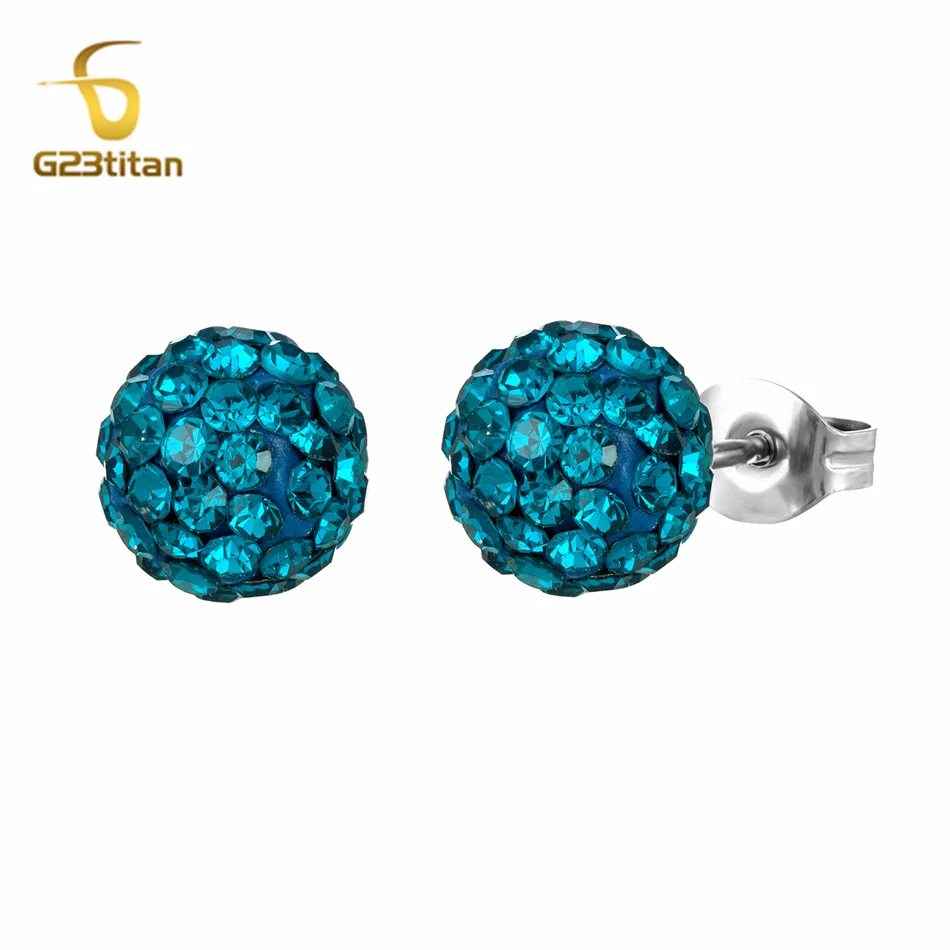에메랄드 크리스탈 디스코 볼 클레이 귀걸이 G23 티타늄 저자 극성 피어싱 귀 스터드 여성 소녀 액세서리 패션 쥬얼리 선물..