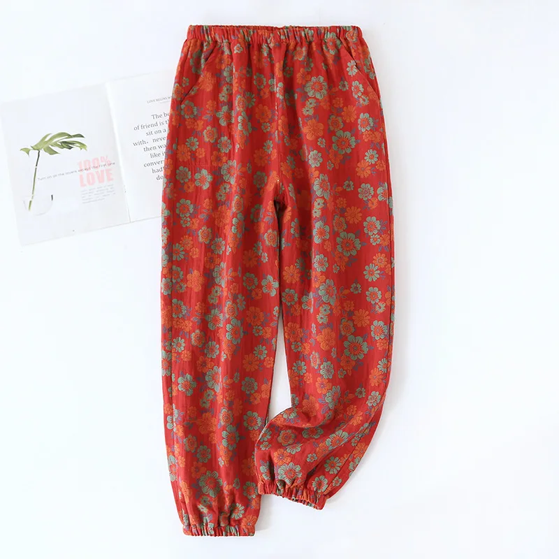2024 Spring/Summer New Women's Sleeping Pants 100% Cotton Jacquard Cute and Fresh Flower Pants Loose Closing Home Pants Ladies