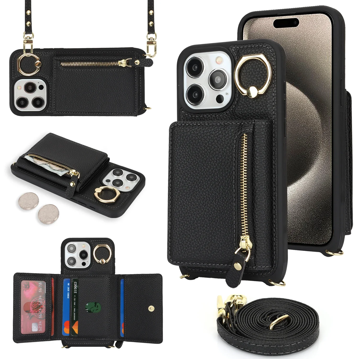 Elegant Crossbody Leather Wallet Case with Ring Holder and Zippered Card Pocket
