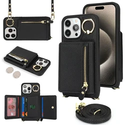 Elegant Crossbody Leather Wallet Case with Ring Holder and Zippered Card Pocket - iPhone 7 P 8 Plus (Black)