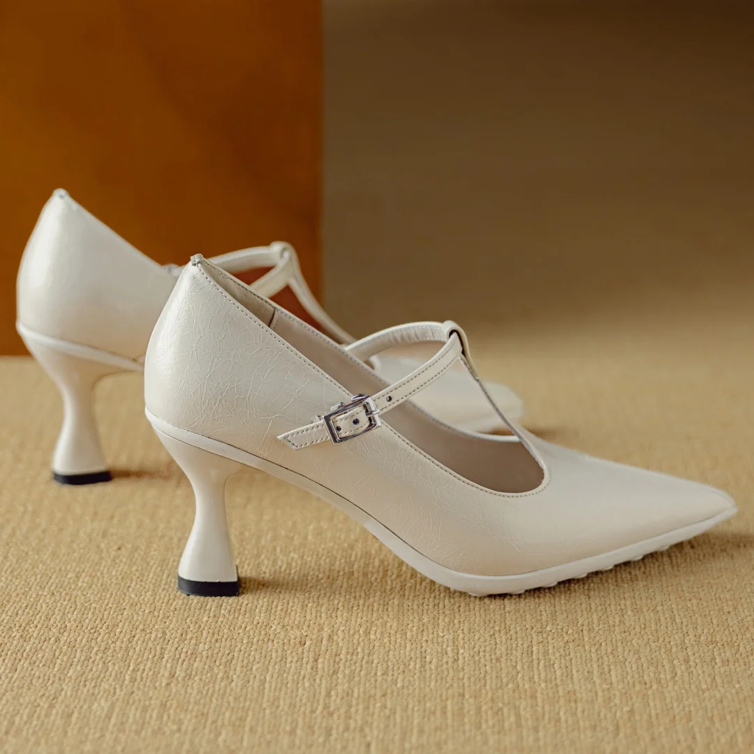 Image of Women's genuine leather pointed toe metal buckle slip-on t-strap pumps elegant ladies 7.5cm thin high heeled daily dress shoes