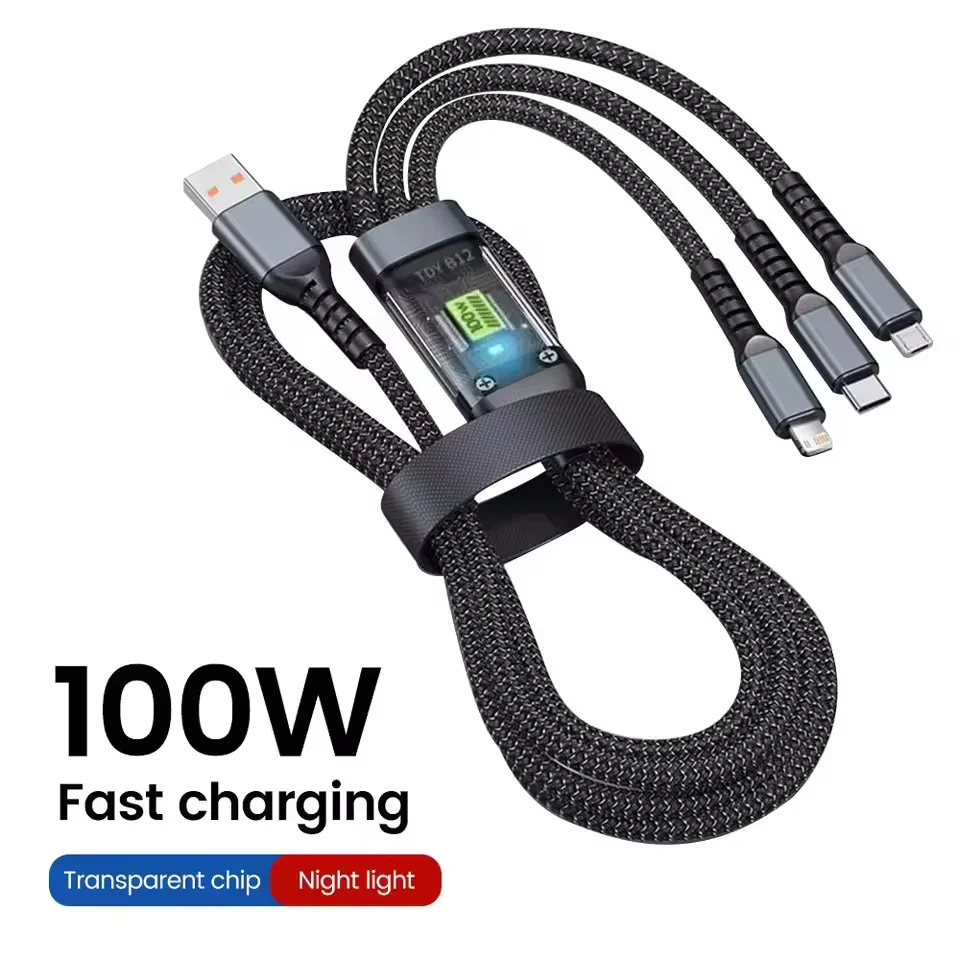 3 In 1 100W Transparent Pilot Lamp Super Fast Charging Cable Universal with Type C Usb Micro for Iphone Samsung Huawei Xiaomi 6A 6