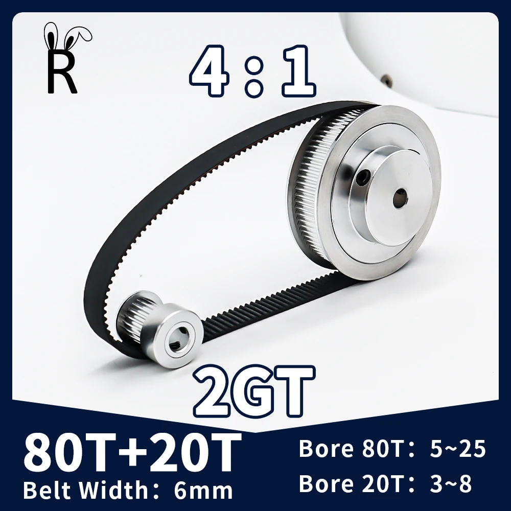 

80T 20Teeth GT2 Pulley Belt Kit 3D Printer Parts Reduction 4:1 Bore 3~25mm Belt Width 6mm 2M Synchronous Wheel 2GT Timing Pulley