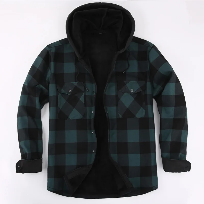 American new men's casual large size plaid shirt autumn and winter hooded and fleece thick shirt long sleeve warm shir