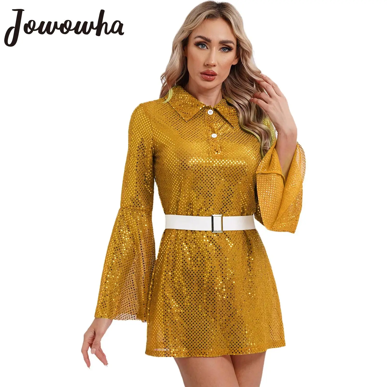 

Womens Disco Party Dress Shiny Sequin Flare Sleeve See Though Mini Shirt Dress with Elastic Belt Stylish Music Festival Clubwear