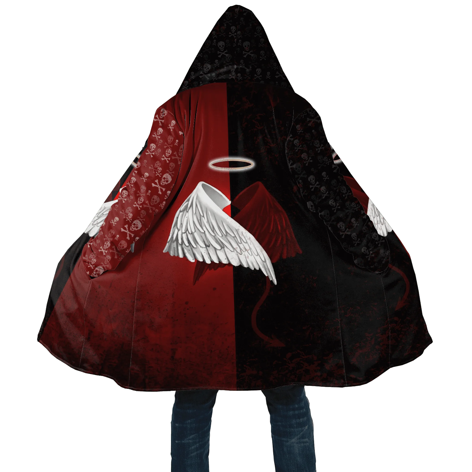 PLstar Cosmos Herren-Umhang, Totenkopf, Teufel, Tattoo, 3D-Allover-bedruckter Fleece-Kapuzenumhang, Unisex, lässig, dick, warm, Umhang, Mantel PF71 – Detail 9