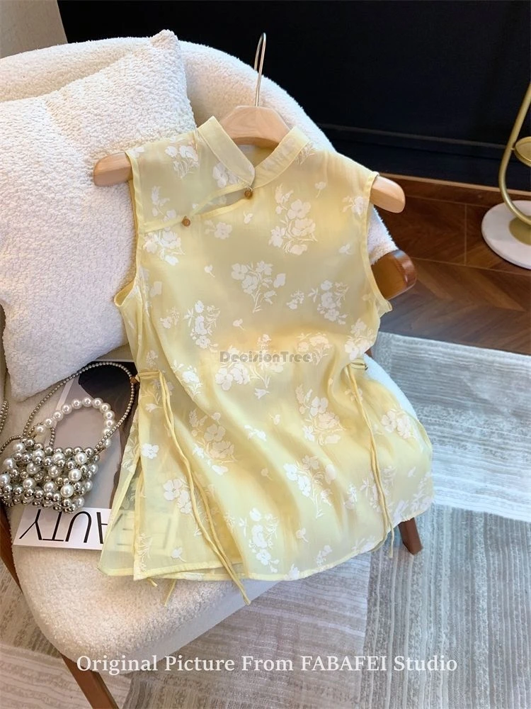 new chinese style jacquard shirt women national style pan button cheongsam standing collar shirt sleeveless gauze top b257