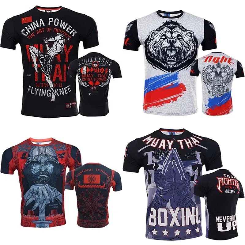 

Gyms T-shirt Men Short sleeve T-shirt Casual Slim Male Fitness Muay Thai Shirt Workout Tee Tops Summer MMA Boxing Clothing