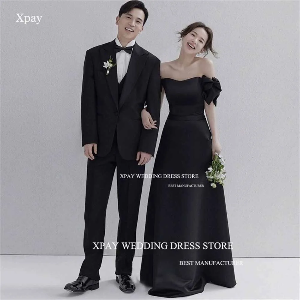 

XPAY Modern Black Wedding Party Evening Dresses A Line Remove Short Sleeve Formal Prom Gown Elegant Satin Wedding Photos Shoot