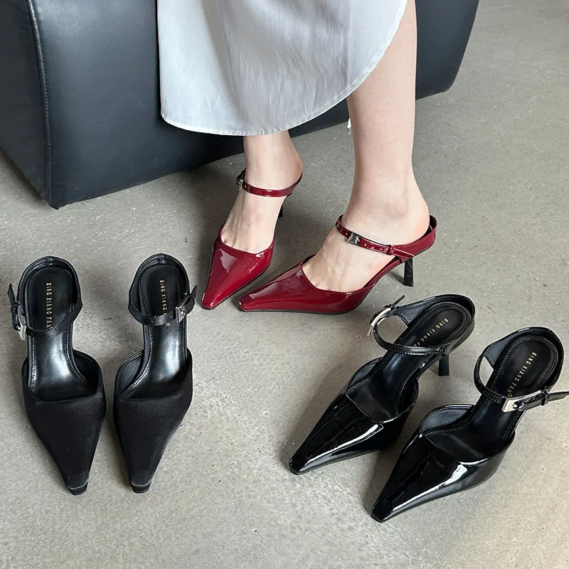 Wine Red Female Slip On Footwear Stiletto Heels Shoes For Women Pointed Toe Fashion Metal Buckle Ladies High Heels Pumps Shoes 2