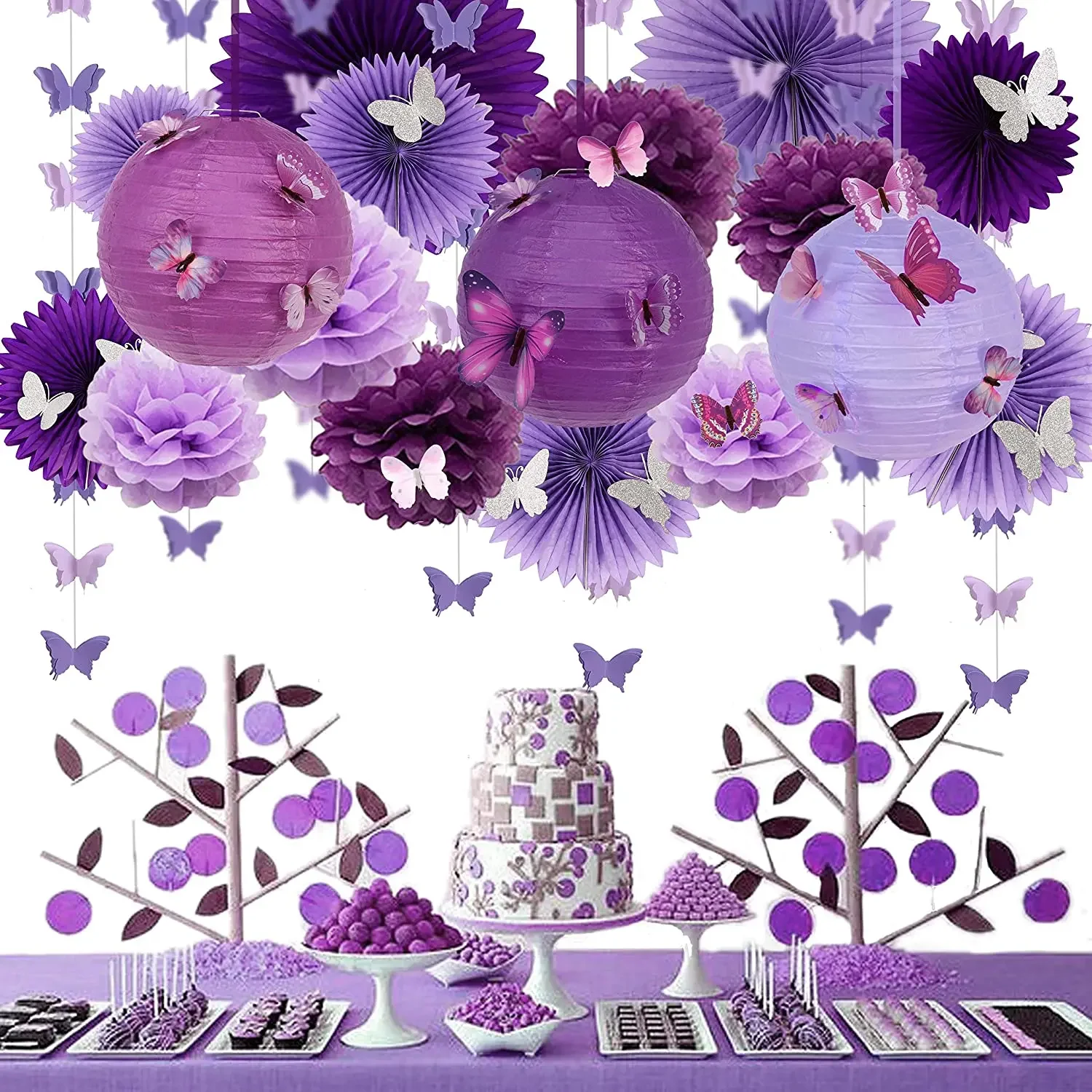 

Sursurprise Butterfly Lavender Decorations Purple Hanging Paper Fans Lanterns Flower Balls Kit for Girl Birthday Party Supplies