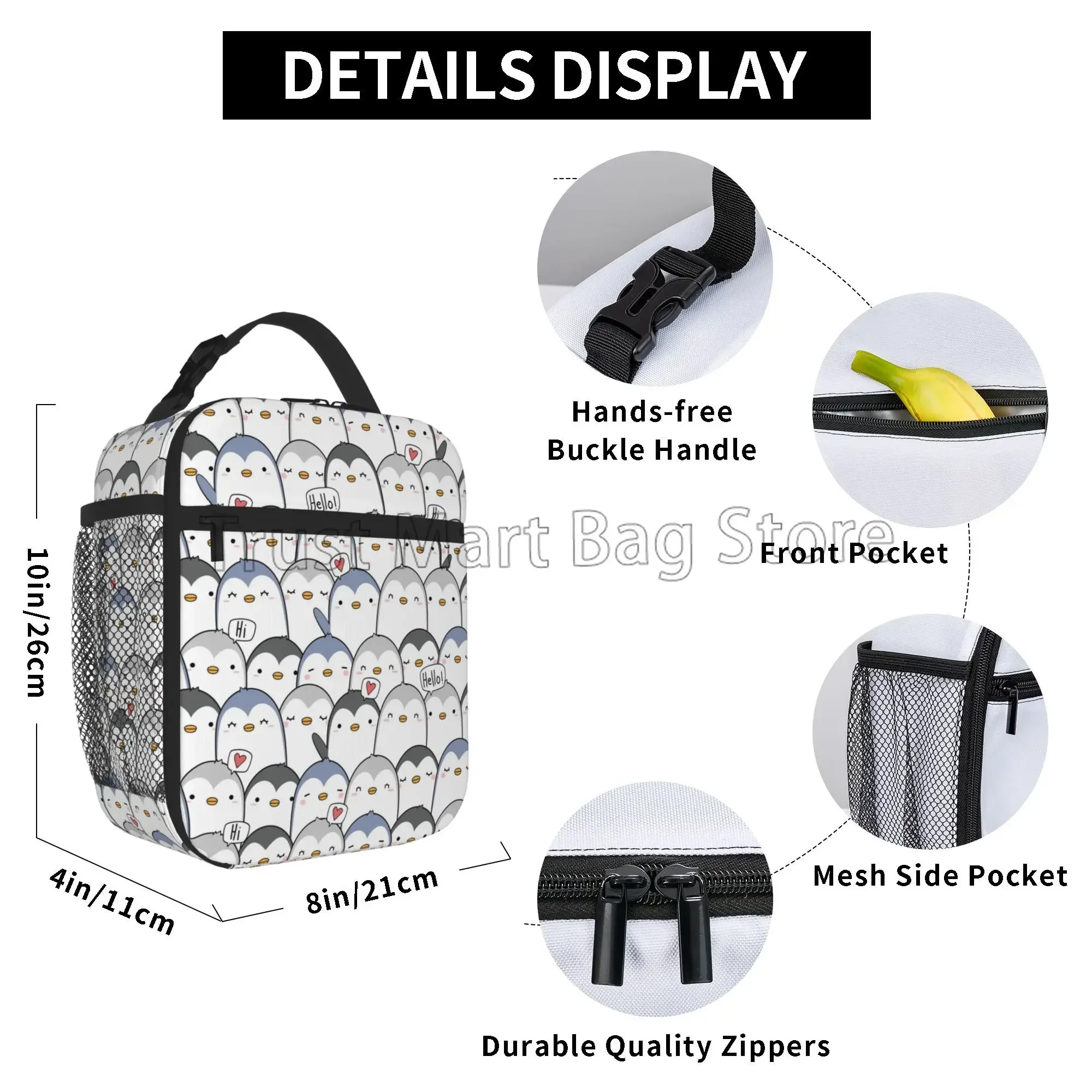 Cute Penguin Greeting Insulated Lunch Box Reusable Portable Lunch Bag Thermal Cooler Bento Tote for Boys Girls Women School Work