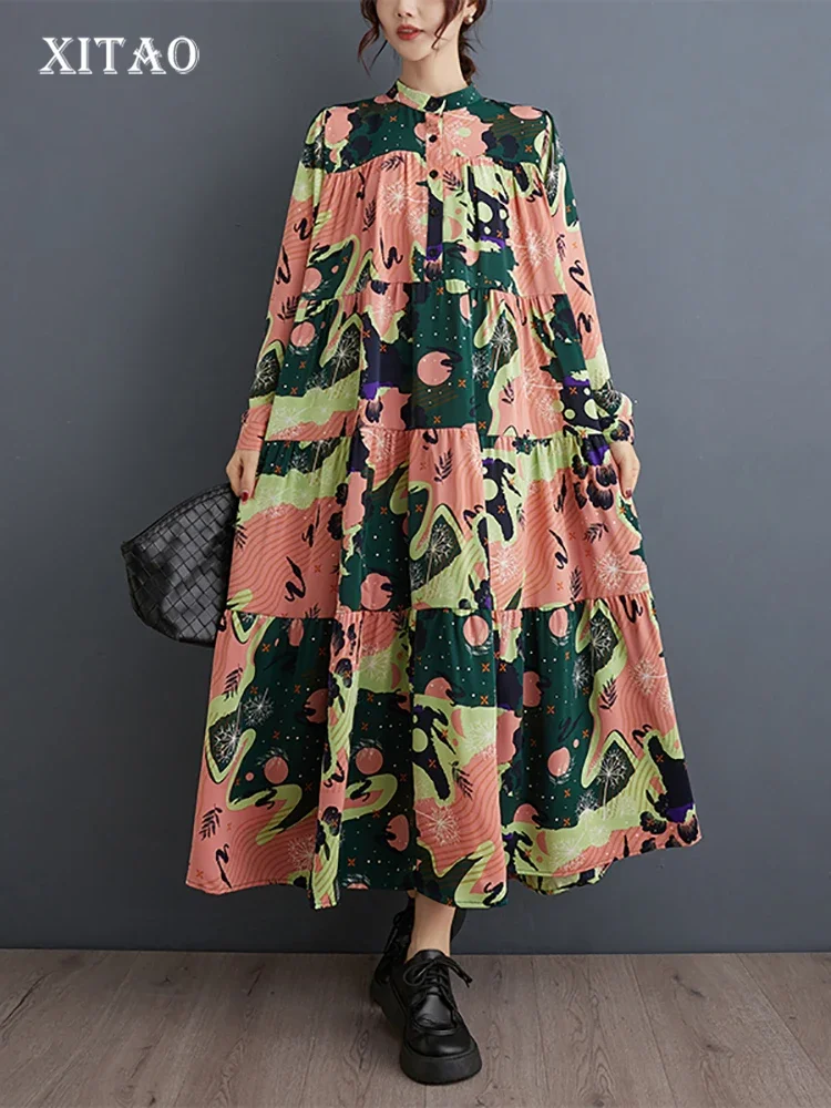 

XITAO Print Patchwork Single Breasted Dresses Stand Collar Pullover Loose Slimming Long Sleeve Vintage Dresses Winter DMJ3615