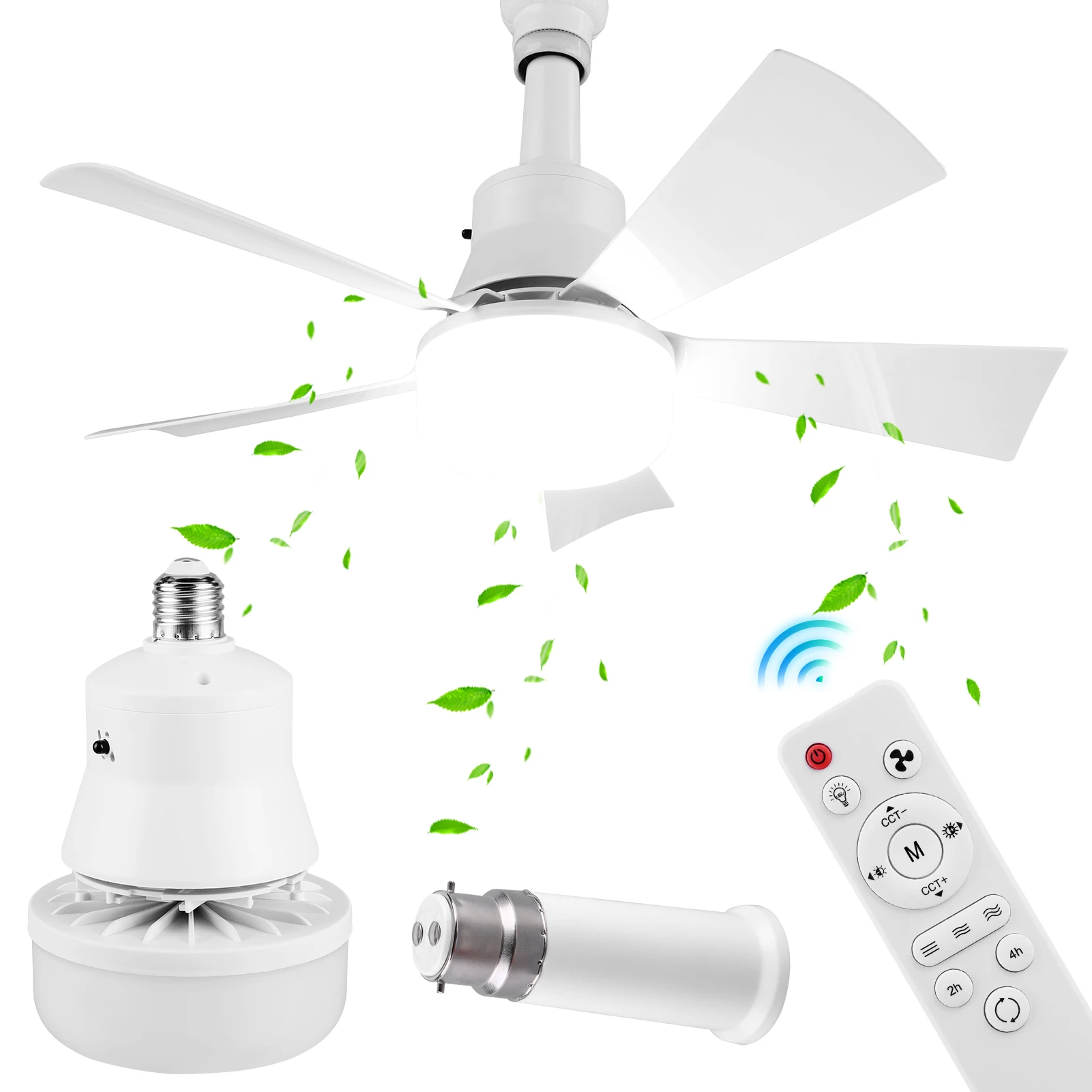 40W Socket Fan Light Screw Ceiling Fan with Light and Remote Adjustable Wind Speed Socket Ceiling Bulb for Bedroom