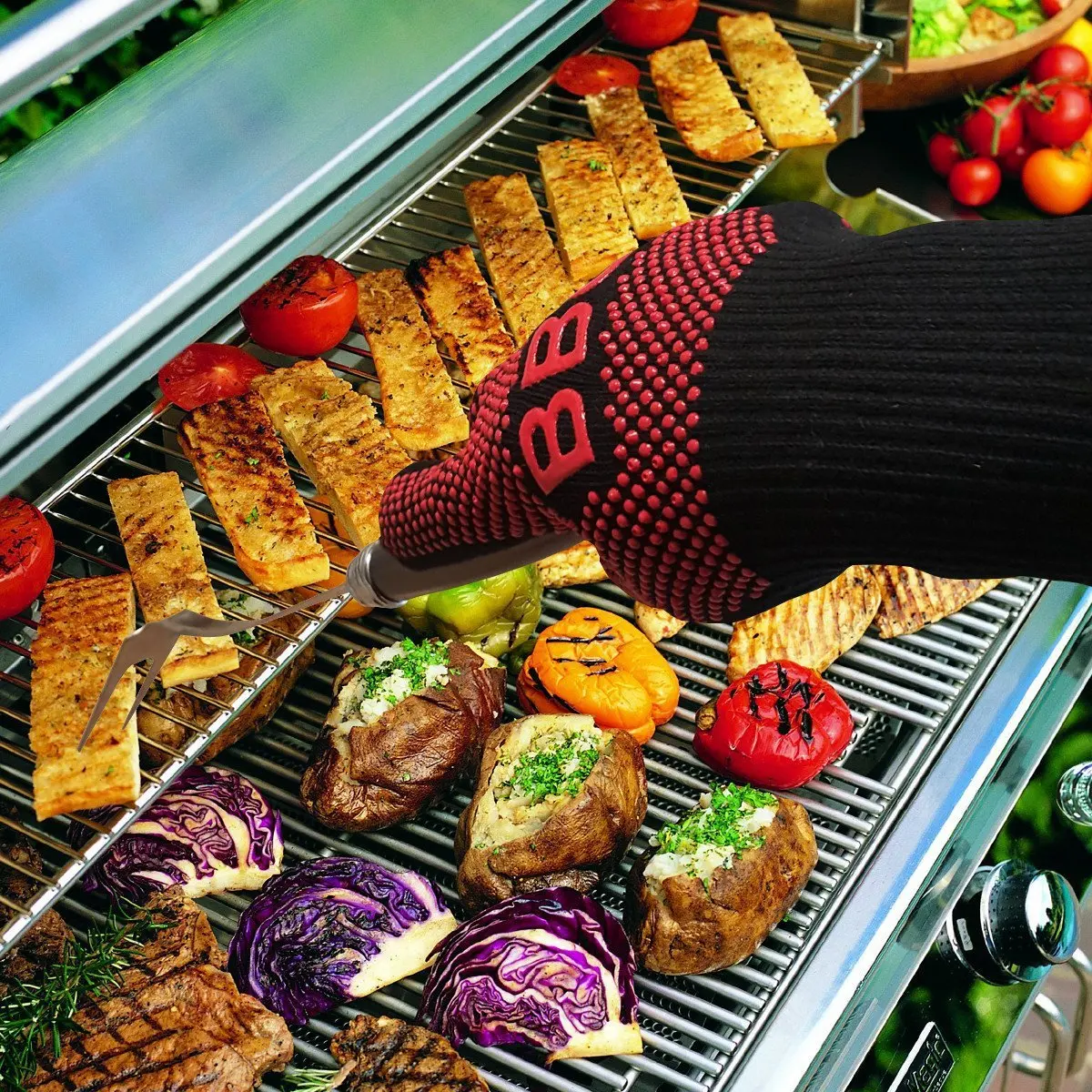 Kitchen Gloves BBQ Microwave Oven Gloves High Temperature Resistance Barbecue Mitts 800 Degrees Fireproof Anti Heat Insulation Glove for Baking