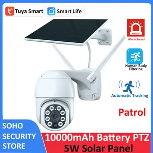 Tuya Smart 3MP Patrol Фильтрация человеческого тела 5 Вт Солнечная батарея 10000 мАч Беспроводная PTZ-камера для улицы WiFi PIR CCTV Автоматическая камера слежения