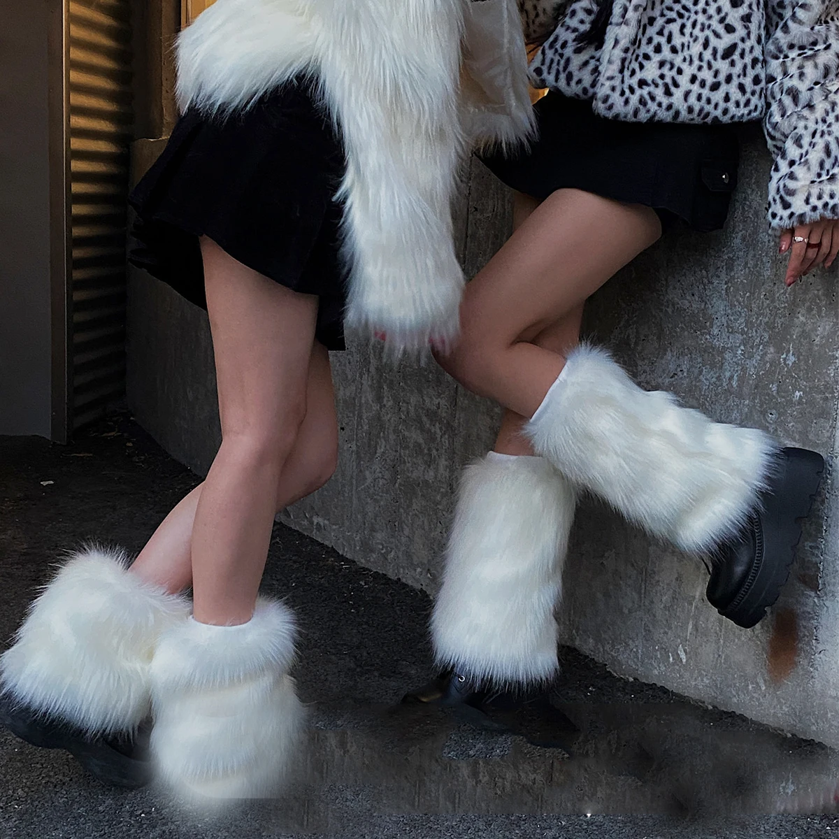 

90s White Faux Fur Leg Warmer Sock Leggings Winter Jk Gothic Boots Socks Y2K Hot Girl Harajuku Y2k Lolita Boot Cover Foot Sleeve