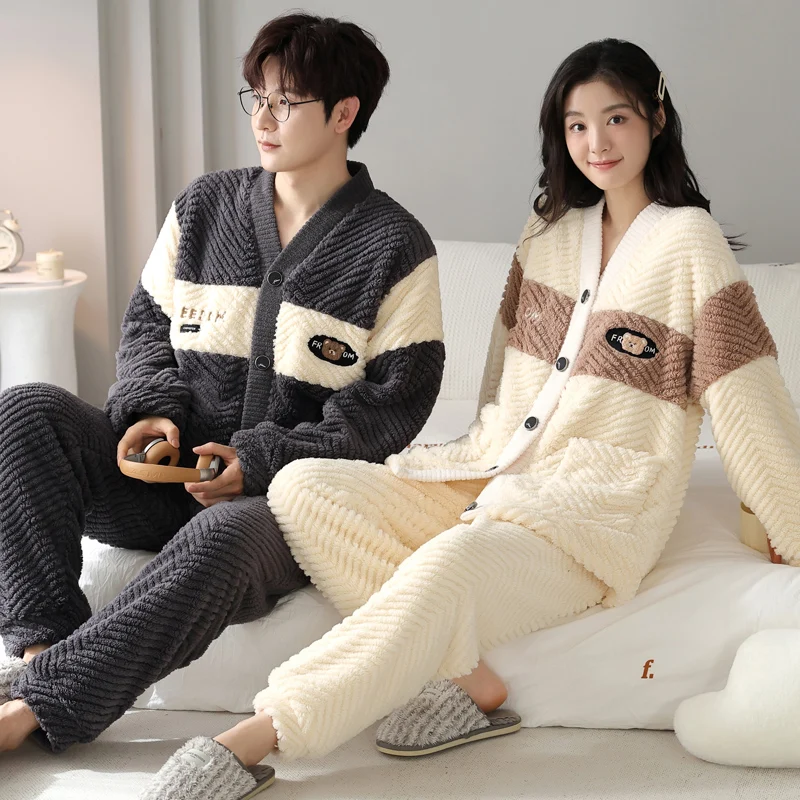 Kimono Winter Flannel Nightwear for Couples V Neck Cardigan Homewear Women and Men Fashion Nightwear Coral Fleece Pyjamas