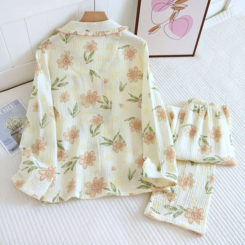 Spring and Autumn 2024 New Women's Pajama Set 100% Cotton Crepe Long Sleeve Pants Two Piece Cute Sweet Summer Thin Homewear