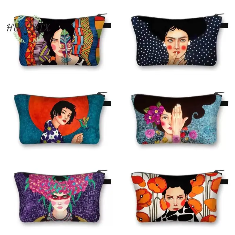 

Fashion Lady Painting Print Cosmetic Bags Woman Portable Travel Lipstick Organizer Makeup Bag Storage Cases Canvas Small Purse