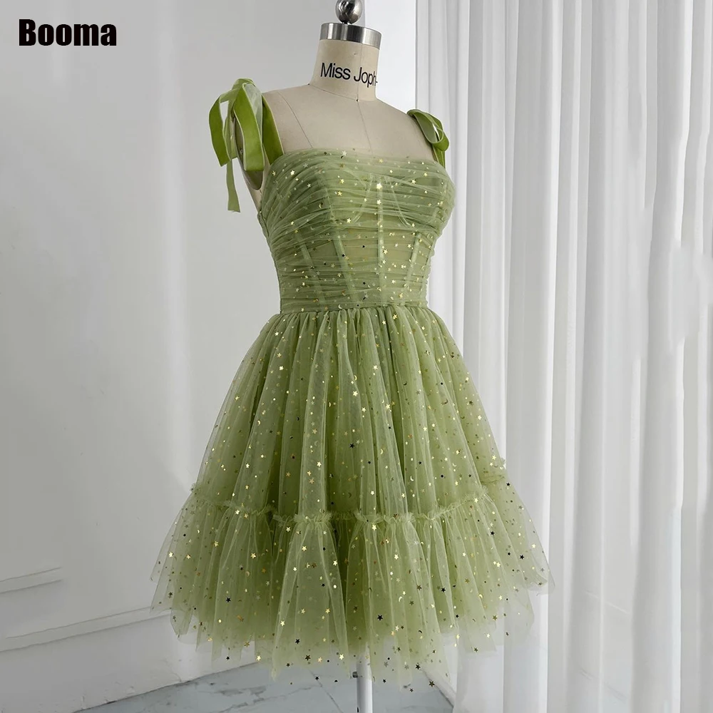 

Booma Sparkly Starry Tulle Prom Dresses Spaghetti Straps A-Line Party Dresses Short Formal Evening Gowns Robes De Soirée