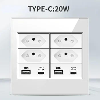 Melery 4x4เต้าเสียบหน้าจอโทรศัพท์ทนไฟ20A บราซิลมาตรฐาน USB คู่ชนิด C สวิทช์ช่องไฟไฟติดผนังสำนักงานสีขาวบ้าน 12