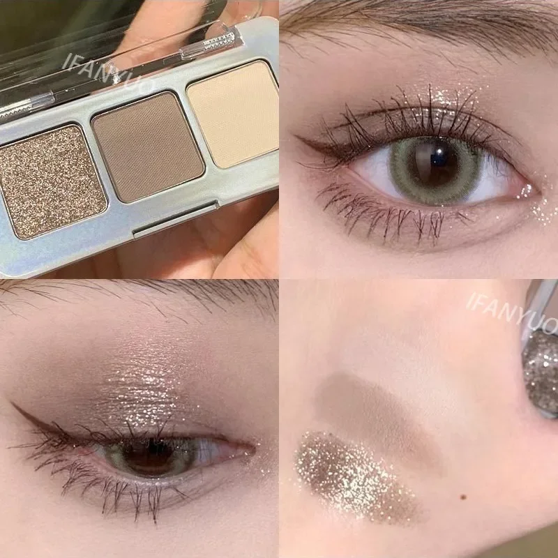 Mini Cement Eyesahdow Palette Sparkling Sequins Pearly Matte Silkworm Brighten Nose Shadow Contour 3-Color Glitter Eye Pigment