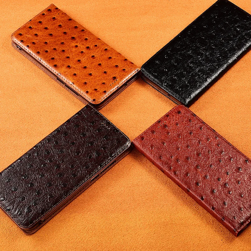 Ostrich Pattern Genuine Leather Phone Case For iPhone 15 Pro Max 14 13 12 11 Pro Max 15 Plus 12 13 Mini Wallet Flip Cover Cases