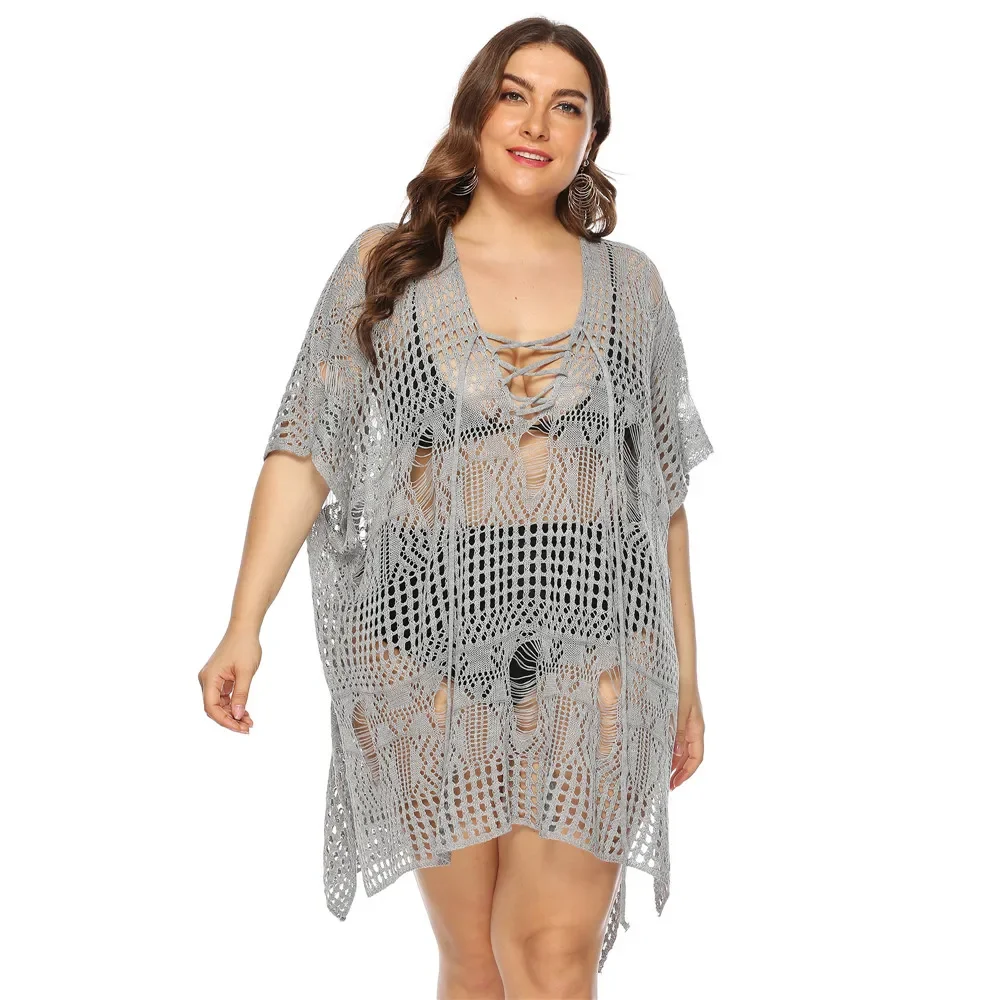 Women's Crochet Cover-Ups Loose Plus Size Beach Dress Women Hollow Out Summer Coverups Bathing Suit Tunic Bikini Blouse 2