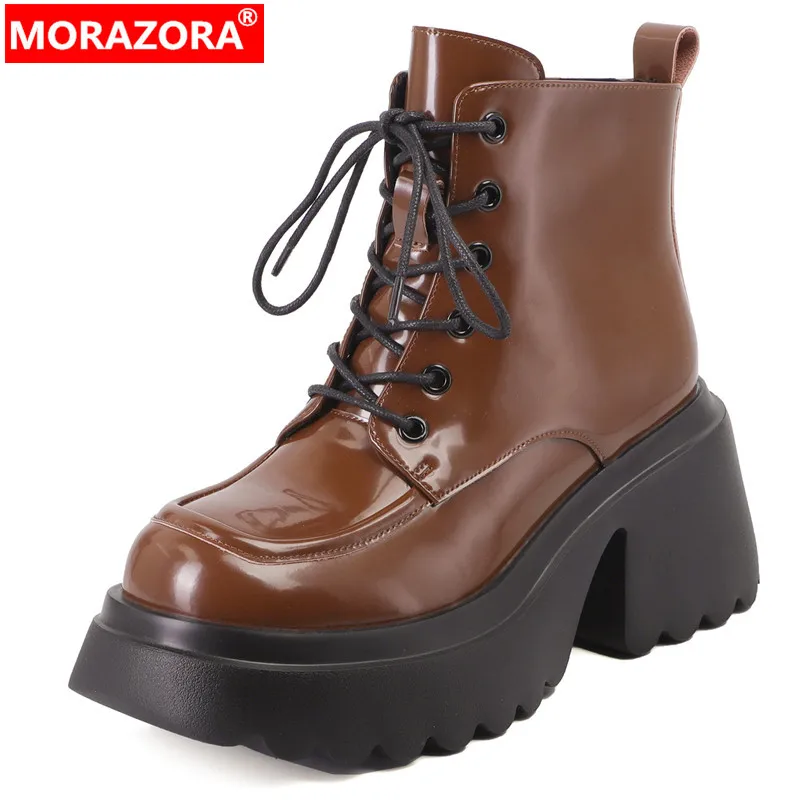 

MORAZORA 2024 New Genuine Leather Winter Women Boots Narrow Band Female Zipper Ankle Boots Thick High Heels Platform Boots