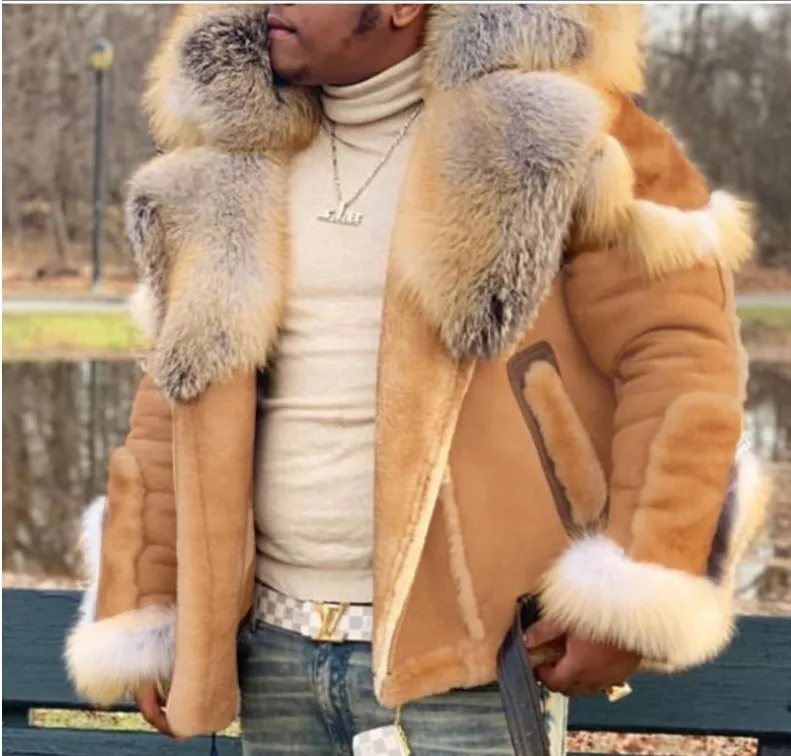 

Autumn and Winter 2023 Men's Faux Fur Fur One Large Hair Collar Long Sleeve Jacket Fashion Casual Loose Warm Men's Tops Jacket
