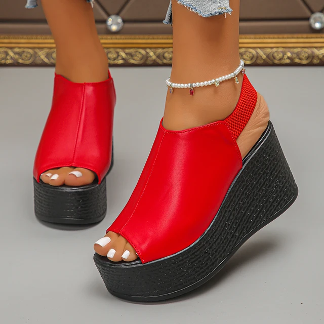 Femmes sandales de haute qualité été en cuir sandales à talons compensés femmes 2025 nouvelle plate-forme talons hauts chaussures Sexy bout ouvert sandales élégantes 1
