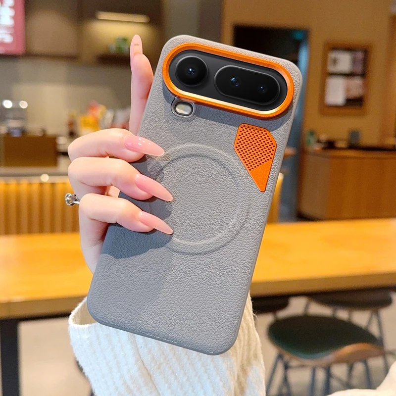 Luxury Leather Magnetic Ring Case with Heat Dissipation for Honor Magic 8 Pro - Orange Shockproof Cover with Lens Frame Protection