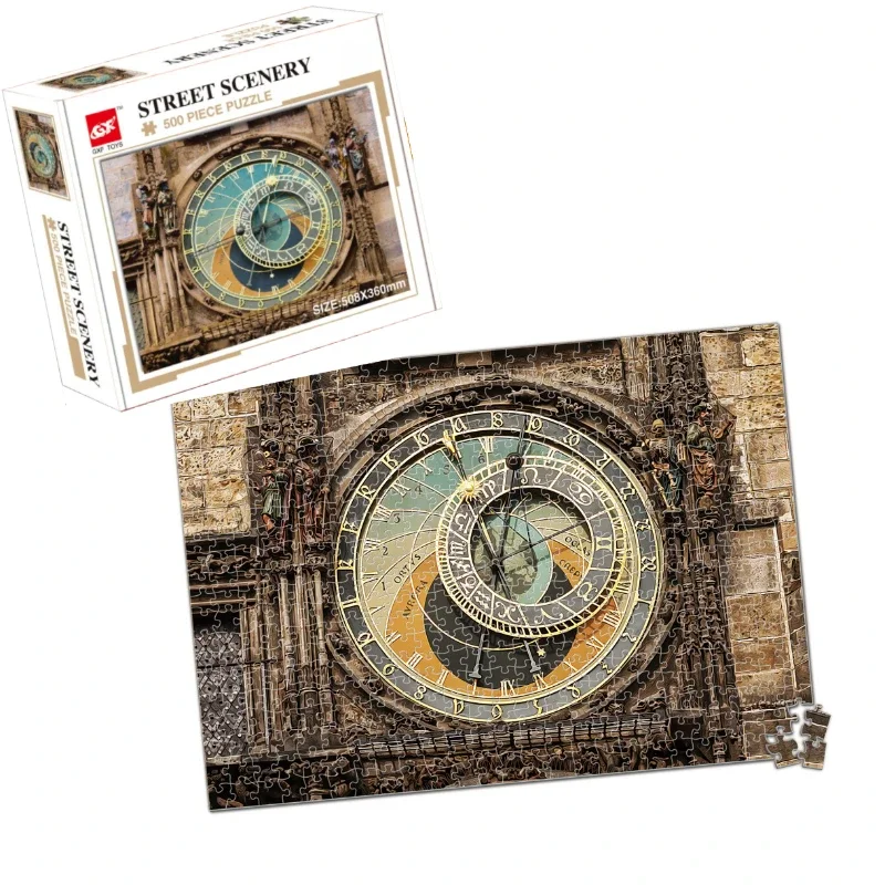 36*50.8cm Paper Jigsaw Puzzle 500pcs Astronomical Clock Street Scenery Landscape Painting Creative Stress Relief Christmas Gifts 3