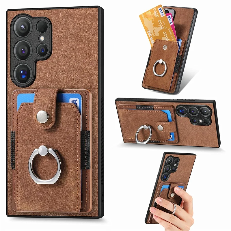 Luxury Leather Magnetic Wallet Case with Ring Stand and Card Slots