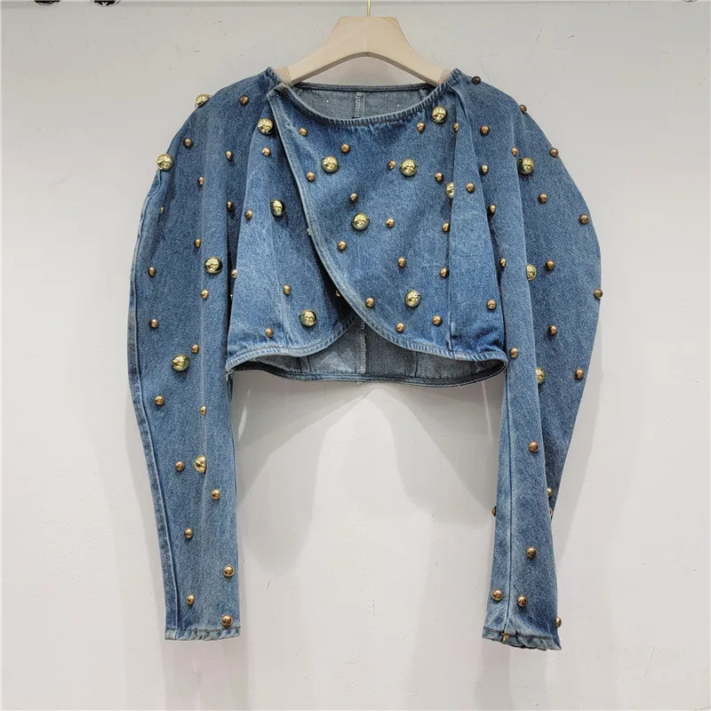 

2024 Spring Summer New Design Sense Heavy Industry Fashion Round Nail Rivet Bubble Sleeve Short Denim Top For Women LX003