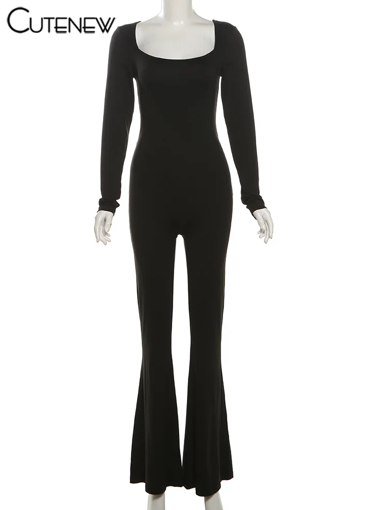Sporty Jumpsuits Women Concise Casual Autumn New Square Neck Long Sleeve Skinny Stretch Overalls Basic Female One Piece