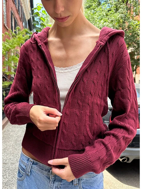 Twist Knitted Zip-up Cardigan Sweater Women Streetwear Cotton