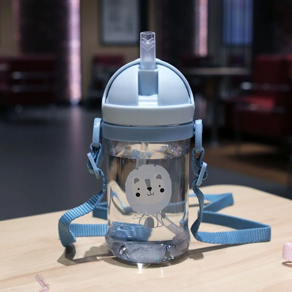 Water Bottle Water Cup Kids Children Cartoon Animal School Drinking Water Straw Bottle Gravity Ball Straw with Shoulder Strap